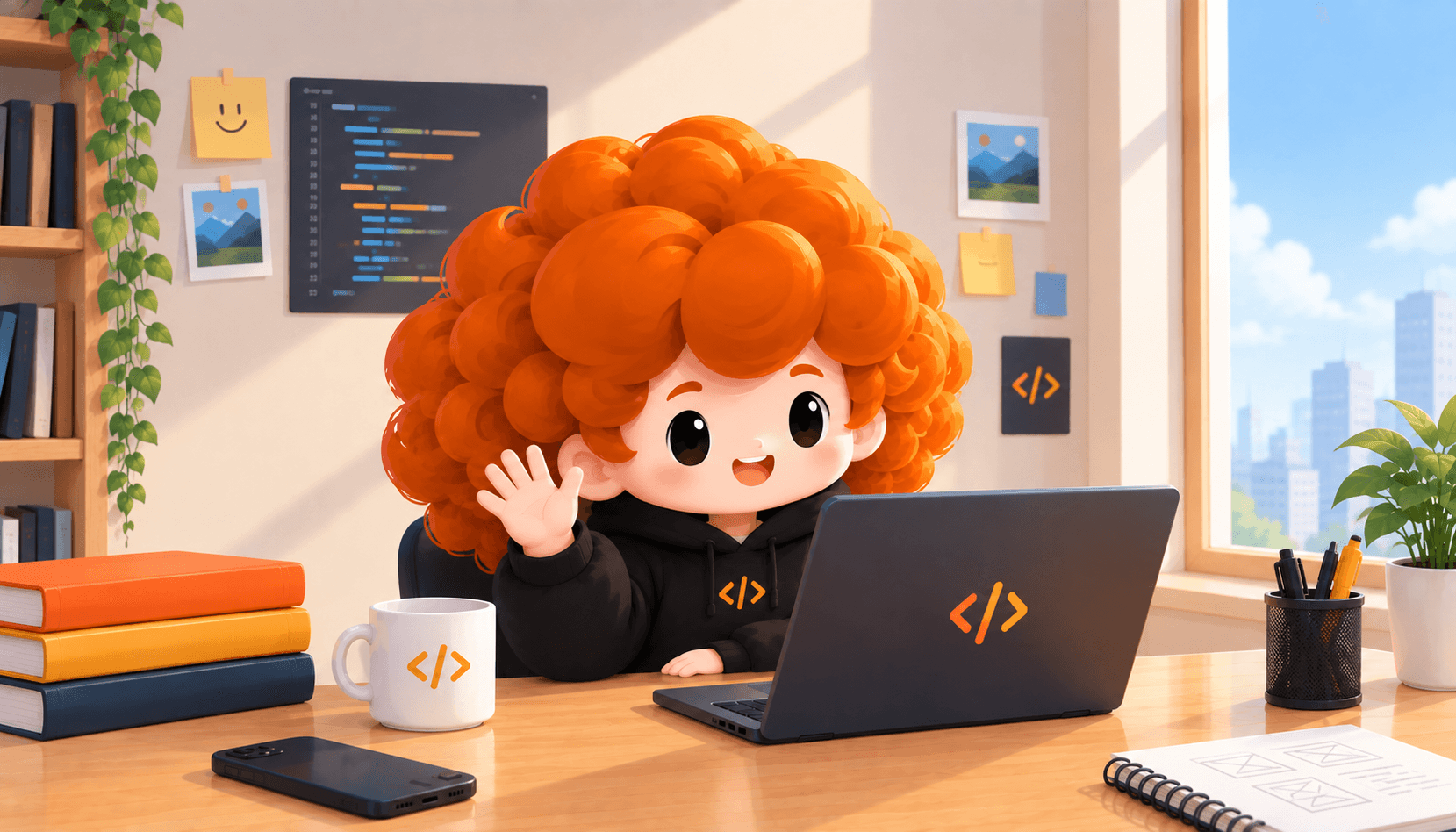 The KULOT DEV STUDIO mascot waving hello from a sunny desk, beside a laptop, a code mug, a stack of books and a plant.