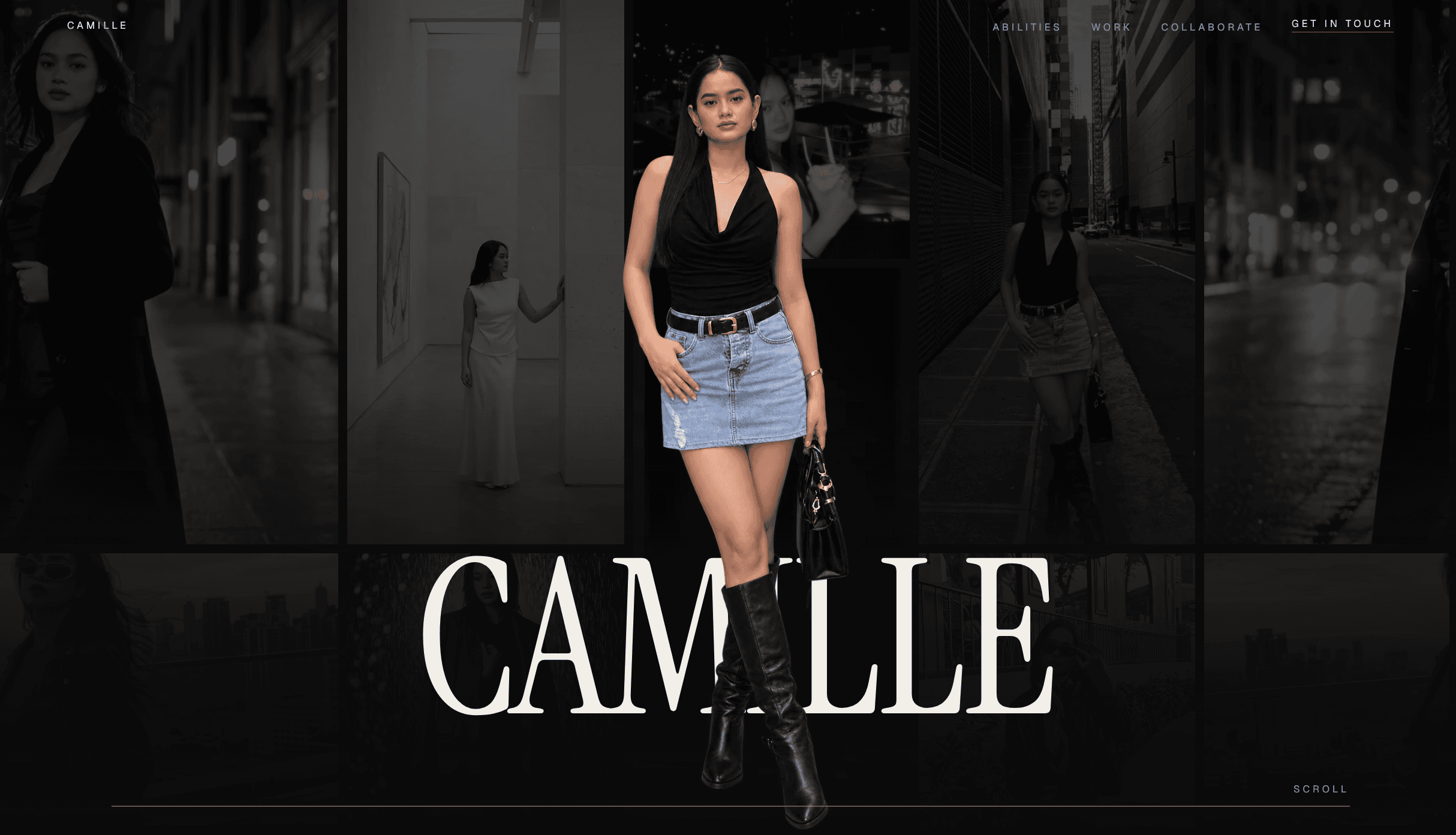 Camille homepage hero: a full-length portrait standing in front of the oversized CAMILLE wordmark over a grid of dark city photographs.