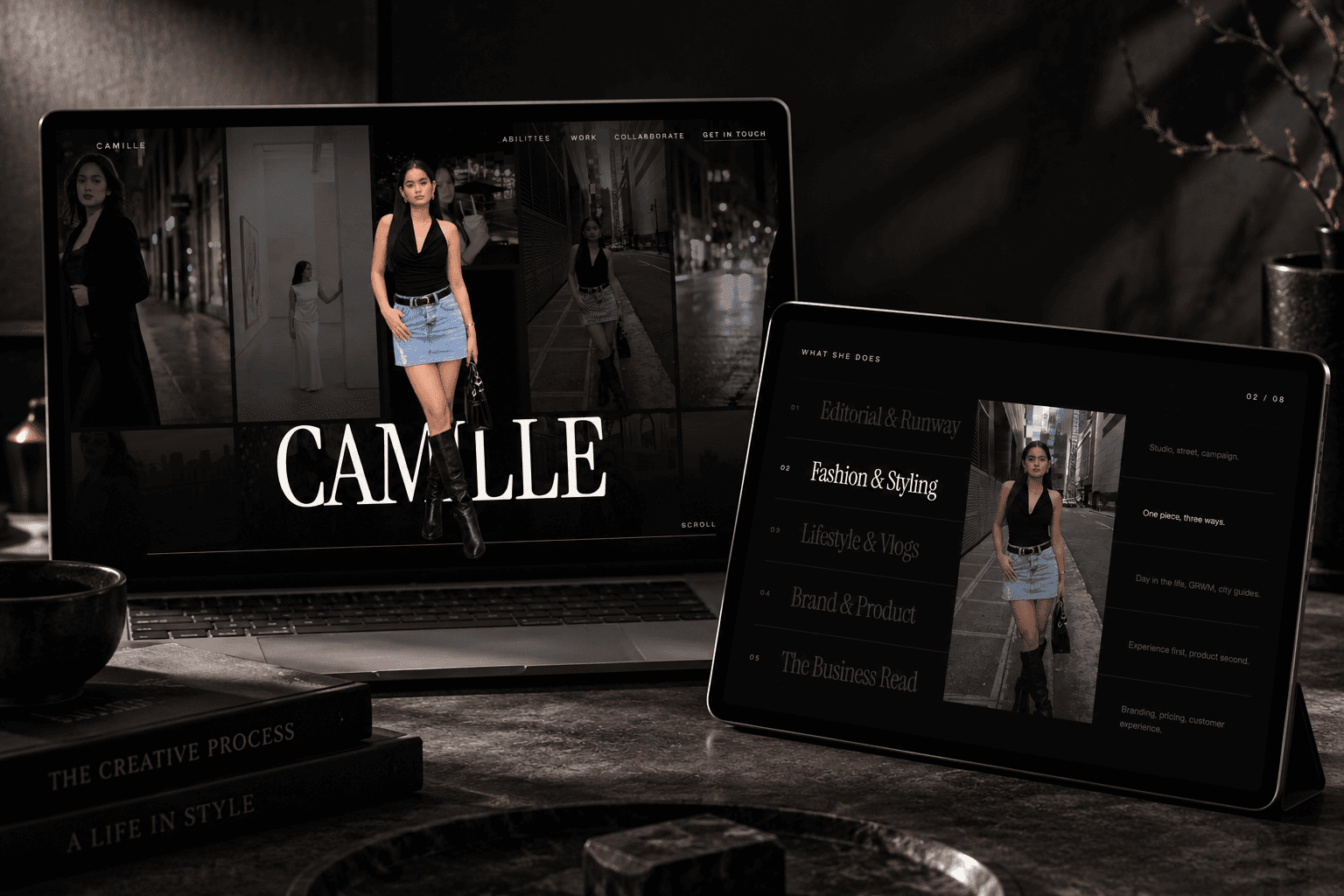 Camille's portfolio website on a laptop and tablet, showing a large serif wordmark and an index of creative services.