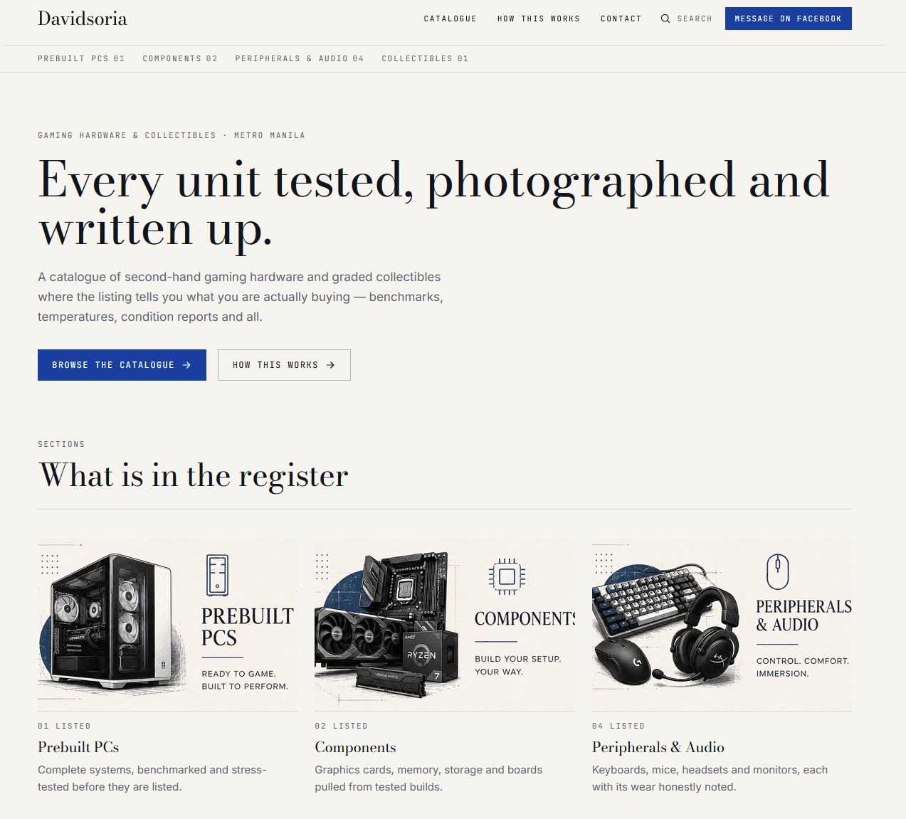 Davidsoria homepage with the headline Every unit tested, photographed and written up, above category cards for prebuilt PCs, components and peripherals.