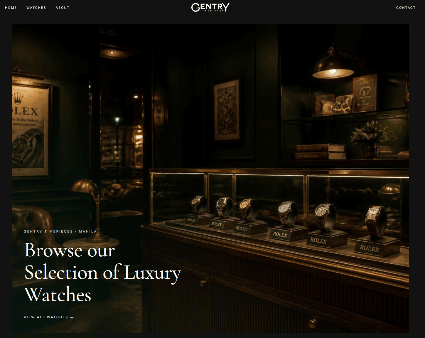 Gentry Timepieces homepage with a moody photograph of watches in a lit glass display case and the headline Browse our selection of luxury watches.