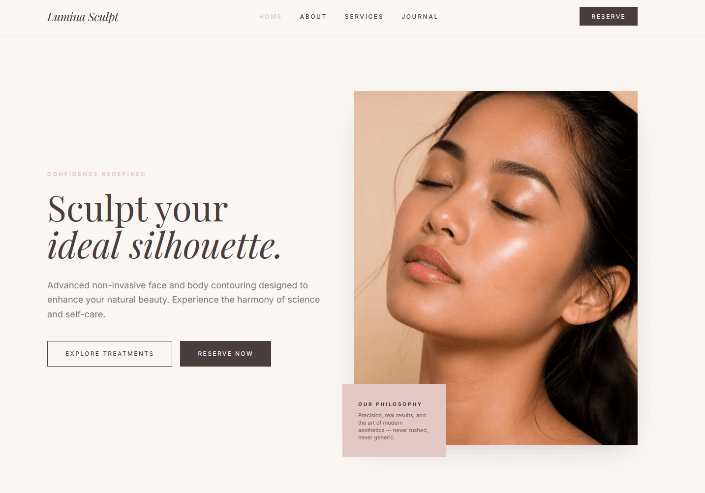 Lumina Sculpt homepage with the headline Sculpt your ideal silhouette beside a close-up portrait and buttons to explore treatments or reserve.