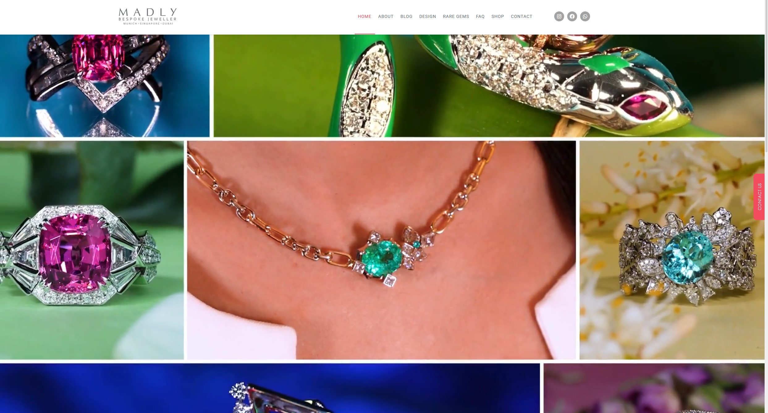 MADLY homepage with a mosaic of close-up photographs of pink, green and blue gemstone rings and a necklace.