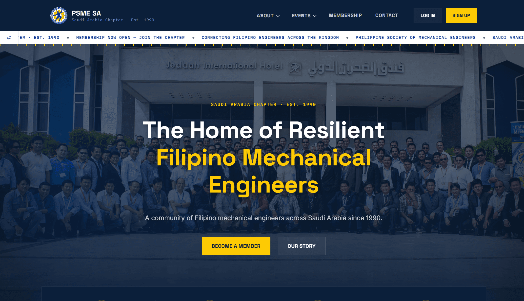 PSME-SA homepage with the headline The Home of Resilient Filipino Mechanical Engineers over a photo of chapter members at Jeddah International Hotel, with Become a Member and Our Story buttons.