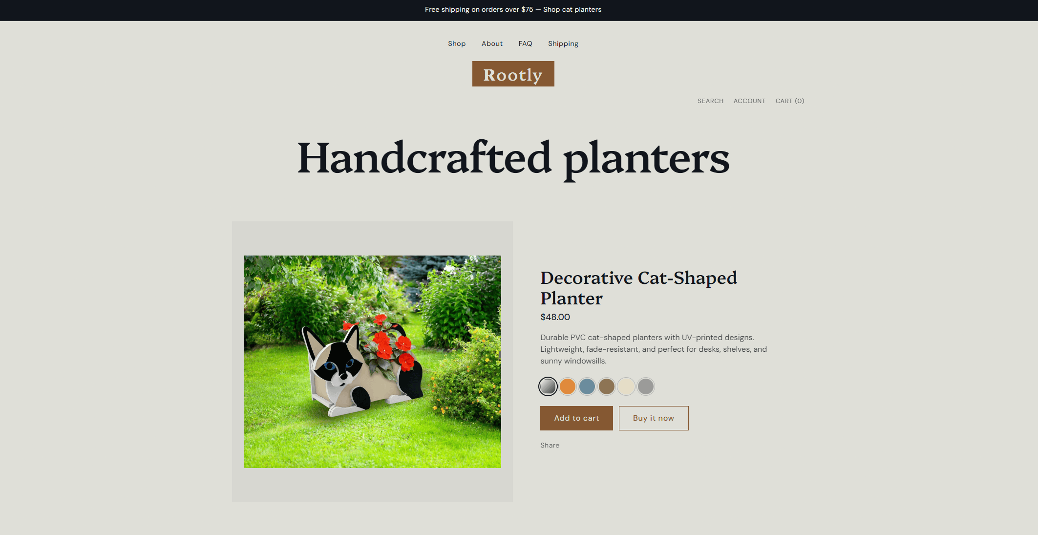 Rootly storefront showing the headline Handcrafted planters and a cat-shaped planter product with colour swatches and add to cart button.